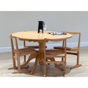 Mid-Century Elm Circular Dining Table & 4 Rattan Chairs – Original 1960s Set